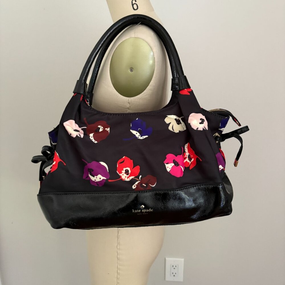 KATE SPADE Floral Poppy Print Nylon Patent Leather Satchel Tote Quiet Luxury